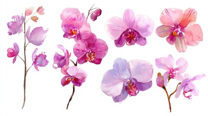 Vibrant Watercolor Orchid Collection: Pink & Purple Botanical Illustration Elements for Design
