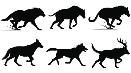 Silhouettes of animals walking and pawing the ground in black and white
