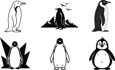 Obraz premium Penguin illustration set, stylized designs, artistic variations, black vector, cartoon, silhouette, stippled, abstract, minimalist, expressive poses