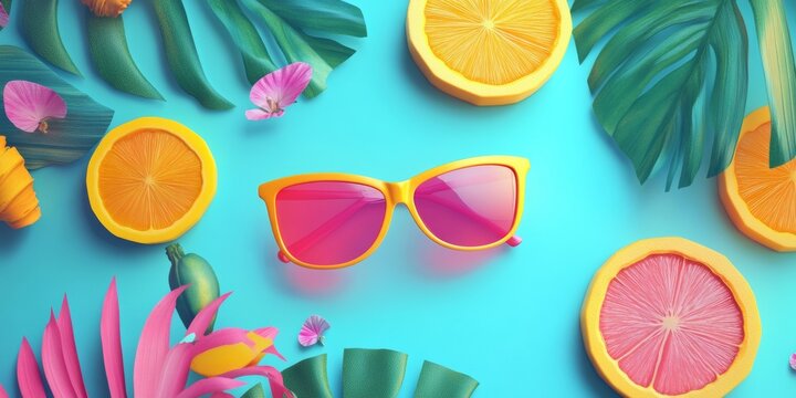 Brightly colored tropical fruits arranged in a sunburst pattern against a blue backdrop with exotic foliage accents.