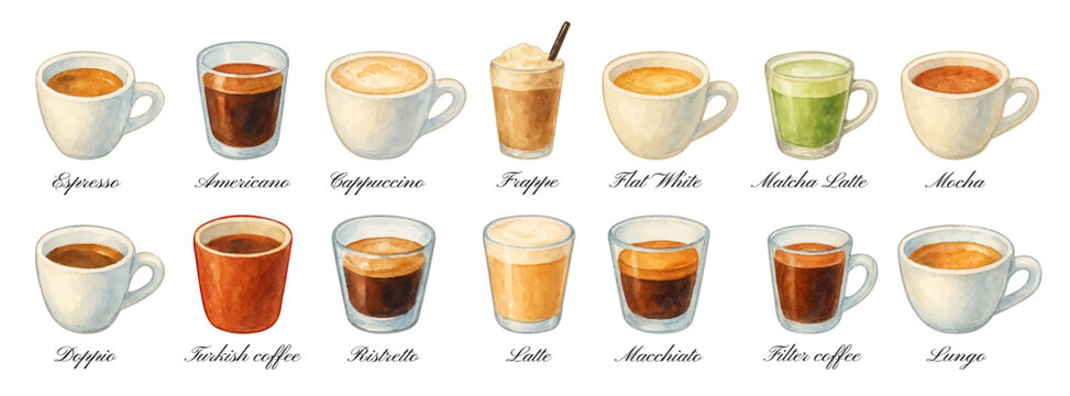Watercolor popular coffee drinks icon set, traced vector. Coffee cups and glasses cliparts. Espresso, americano, cappuccino, frappe, flat white, matcha latte, mocha, ristretto, latte, macchiato, etc.