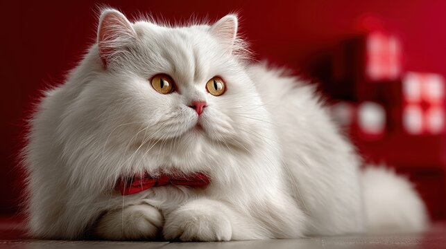 Fluffy white Persian cat lying down against deep red festive background.


