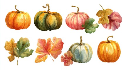 Watercolor Autumn Pumpkins & Leaves Collection - Vibrant Fall Harvest Season Art Elements for Decor, Greetings, & Design Projects
