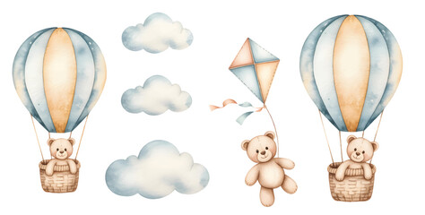 Nursery kids watercolor teddy bear hot air balloon birthday celebration. © Songrami