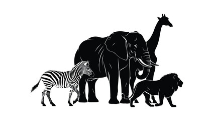 Silhouettes of zebra elephant giraffe and lion standing together © SnappyDesigns