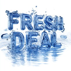 Fresh Deal Marketing Concept: Vibrant Blue Water Text with Dynamic Splashes & Ripples. Promotion, Sale, Offer, Business, Discount Graphic.
