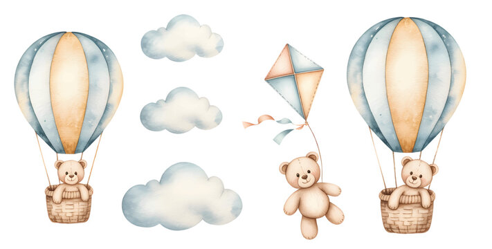 Nursery kids watercolor teddy bear hot air balloon birthday celebration.
