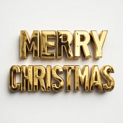 Golden Merry Christmas Greeting | Festive 3D Metallic Letters on White Background | Seasonal Celebration Typography Design Element
