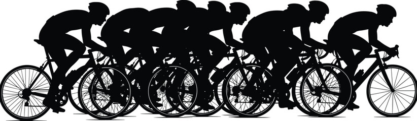 Group of Cyclists Silhouettes, Professional Bicycle Racers, Athletes, Cycling, Biking, Road Race, Speed, Competition, Sport, Fitness, Endurance, Training, Vector, Illustration, Black, White Background © MstShefaly