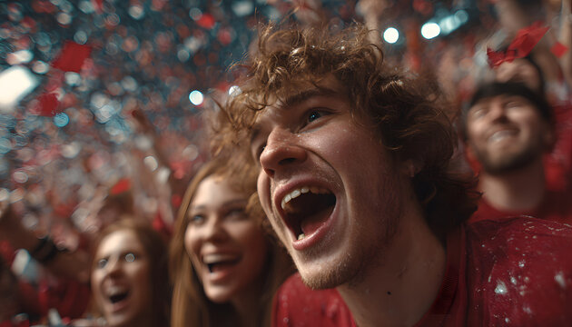 Friends football supporter fans cheering with confetti watching soccer match event at stadium - Young people group with red t-shirts having excited fun on sport world championship concept