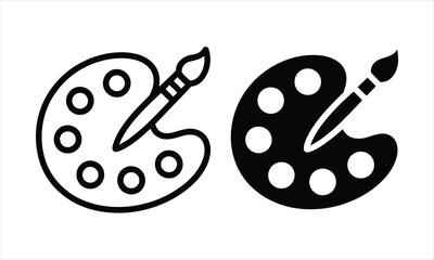 Two artist palettes with brushes for painting, one as a black outline and the other filled solid