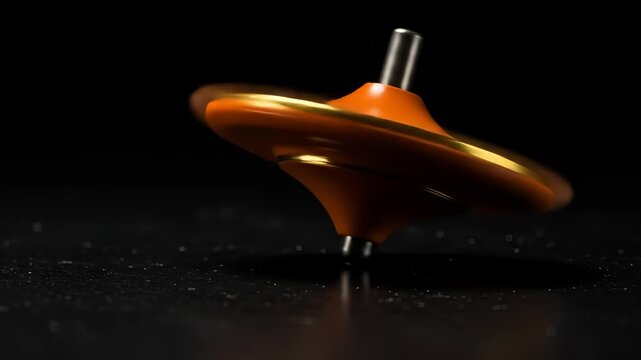 Spinning Top Animation: Captivating Orange and Gold Gyroscope on Dark Textured Surface