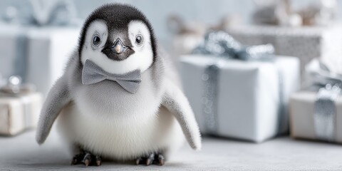Obraz premium Fluffy baby penguin wearing glittery silver bow tie standing near white gifts.
