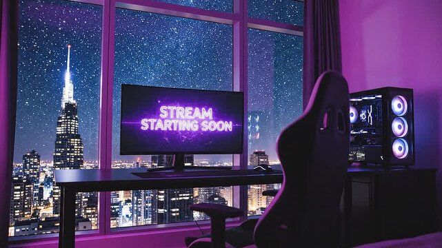 Cozy gaming setup with a computer and chair overlooking a city skyline at night with a 'Stream Starting Soon' message on the monitor