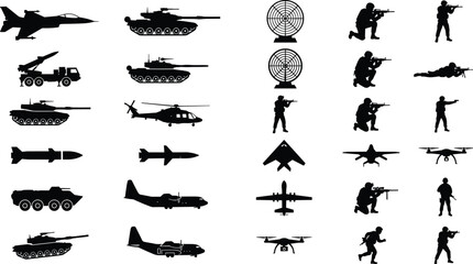 Military weapon and soldier silhouettes icon set featuring tanks, jets, helicopters, missiles, drones, and armed infantry, modern warfare and defense symbols isolated on white background