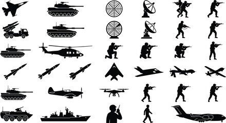 Military silhouette icon set featuring vehicles, aircraft, weapons, and personnel in black-and-white, ideal for defense, strategy, and vector design. © Hasem Creative