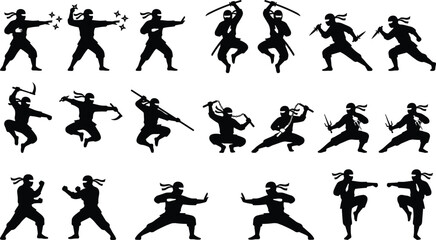 Ninja silhouette set featuring 20 dynamic martial arts poses with traditional weapons in black-and-white, ideal for action design and vector art. © Hasem Creative