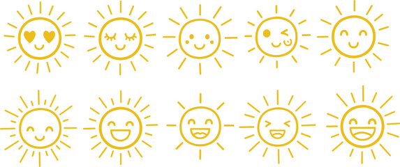 Yellow Sun Face Emoji Vector Icon Set with Cute Smiling Expressions and Summer Sunshine Characters for Happy Positive Branding Design