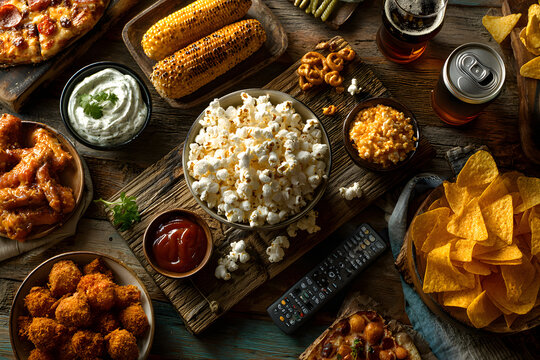 Table fof tasty snacksprepared for watching sports on TV. Top view. Flt lay