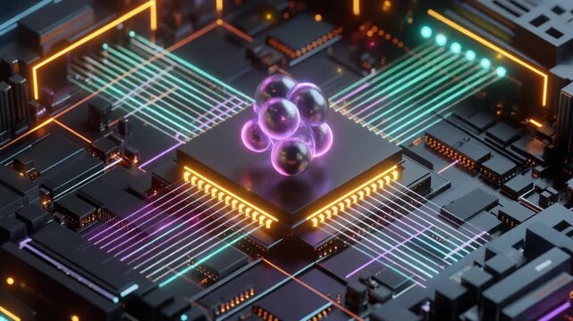 Dynamic visualization of a futuristic central processing unit with glowing data streams, symbolizing advanced AI, quantum computing, and big data technology on a digital circuit board