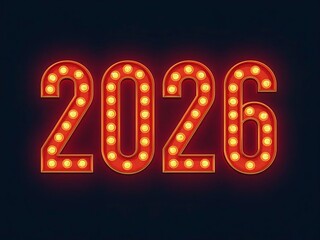  Happy New Year  2026 illuminated by retro marquee light bulbs on a dark background