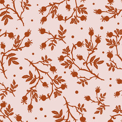 Elegant seamless floral pattern with hand drawn botanical branches, leaves, and berries in warm brown tones on a soft beige background. Vector illustration.
