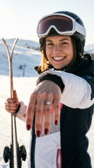Happy woman showing engagement ring while skiing on snowy mountain in winter adventure