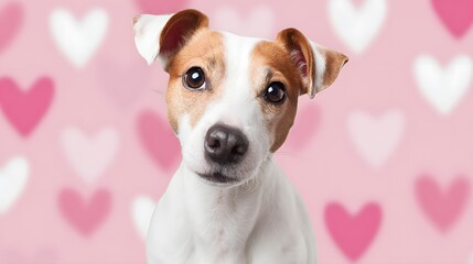 Cute Jack Russell Terrier Puppy on a Pink Heart Background. Valentine's Day Pet Love Portrait.