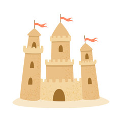 Fantasy Sand Castle with Flags. Cute Cartoon Medieval Fortress. Isolated on White Background