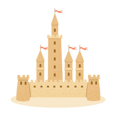 Storybook Sand Castle. Cute Fairytale Cartoon Castle. Isolated on White Background.