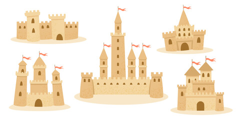 Sand Castle Collection. Cute Fairytale Castles Set. Isolated on White Background.