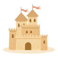 Cute Sand Castle Palace. Fairytale Cartoon Kingdom Building. Isolated on White Background.
