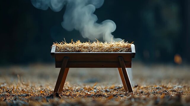 Soft smoke curls up from a small firebox filled with straw, bringing warmth to the open area and complementing the serene environment