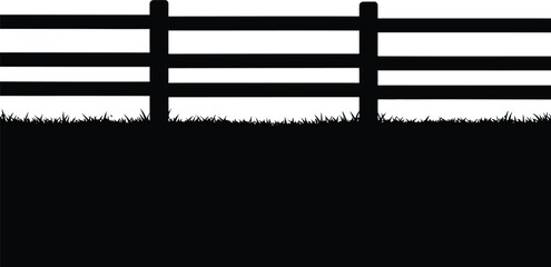 A simple black and white illustration of a rustic wooden fence in a grassy field or meadow landscape © Naeem
