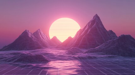 Fototapeta premium Retro sunset over purple mountains and grid landscape.