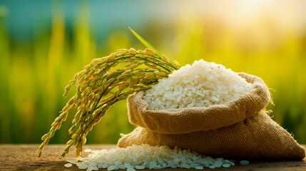 A close-up of a brown burlap sack filled with white rice with a bunch of yellow rice stalks spilling over the top