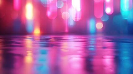 Futuristic urban landscape, blurred neon lights in bokeh style. Bright urban night background, festive mood.
