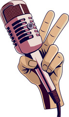 Hand holding a vintage retro microphone icon vector illustration for music and sound. Hand shows v sign, victory sign, peace sign