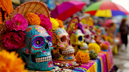 Fototapeta premium A vibrant and colorful display of sugar skulls and flowers with a festive atmosphere