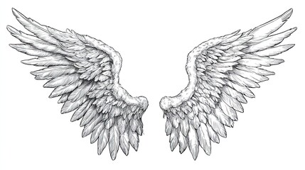 Angel wings detailed illustration with soft feather texture and classic engraving sketch light style