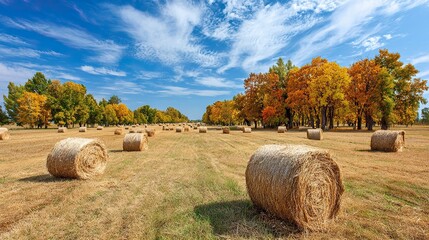 Autumn hay bales scattered across golden farmland with colorful trees and a bright blue sky in the background