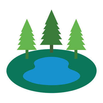 Forest lake with pine trees nature landscape vector illustration background
