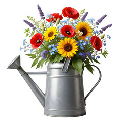 Vibrant flowers in a metal watering can