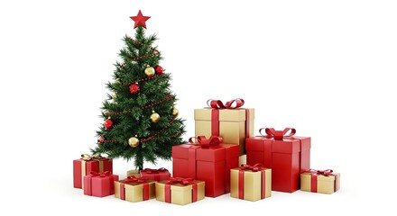 Fototapeta premium Christmas Tree Surrounded by Red and Gold Gift Boxes White 3D Render Isolated on transparent background, png