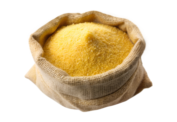 Burlap bag full of cornmeal sack isolated on transparent background