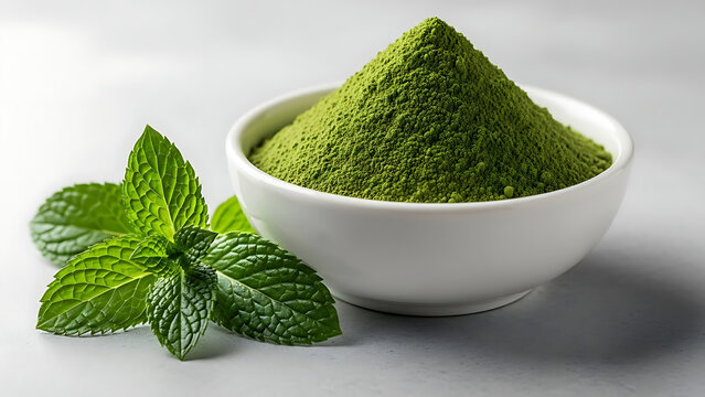 Bowl of green mint powder with fresh mint leaves