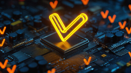 Vibrant 3D Check Mark Illustration on Circuit Board, Perfect for Digital Marketing and Online Business Campaigns