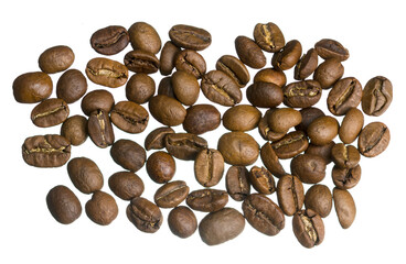 Whole roasted coffee beans isolated on white background, macro detail and natural texture.