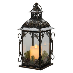 Snowy black metal lantern with warm light