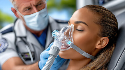 emergency medical technician applies oxygen mask to patient in ambulance, urgent healthcare treatment, hospital rescue service, professional paramedic action, stock photo style